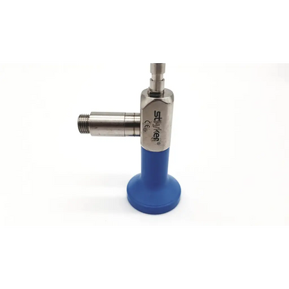 Silver metallic stryker endoscopy 30° 4mm autoclave device with blue rubber base and engraved branding
