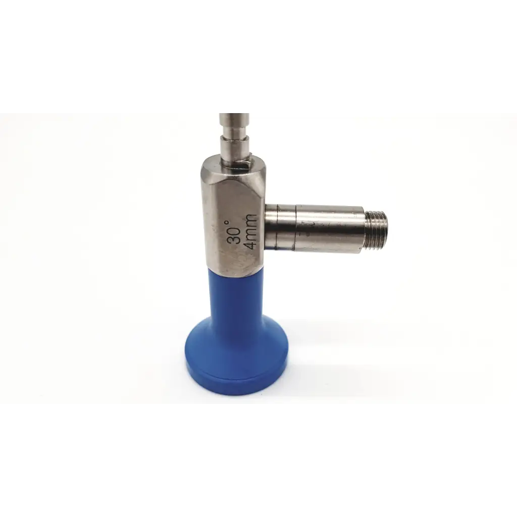 Blue rubber base with metallic silver body and engraved markings on stryker endoscopy 30° 4mm autoclave