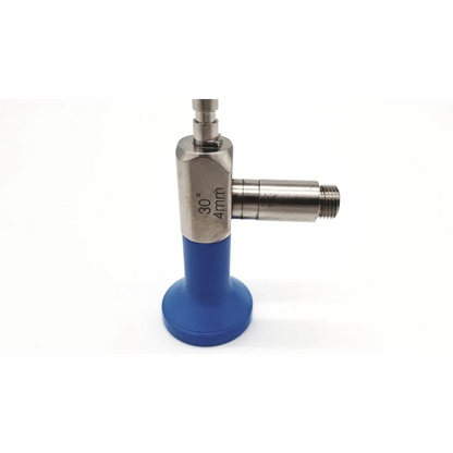 Blue rubber base with metallic silver body and engraved markings on stryker endoscopy 30° 4mm autoclave