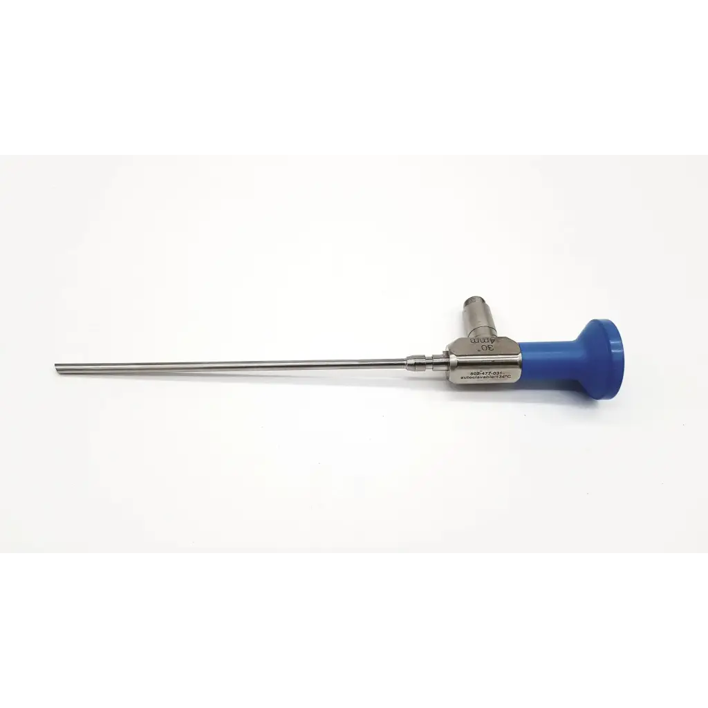 Blue-handled stryker endoscopy surgical endoscope with long slender metallic shaft 30° 4mm autoclave compatible