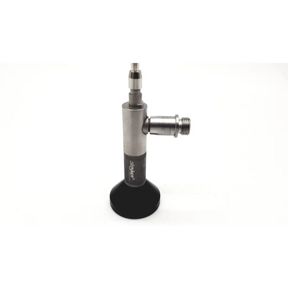 Silver metallic gas torch with black rubber base and threaded fittings for stryker endoscopy 30° 4mm arthroscope use