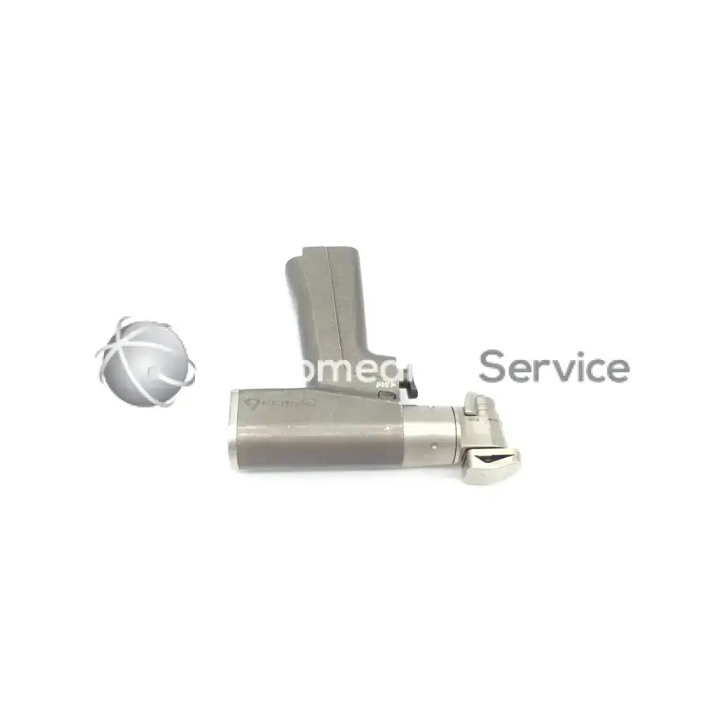 Silver metallic surgical instrument with cylindrical body and articulated arm engraved with stryker endoscopy ref branding