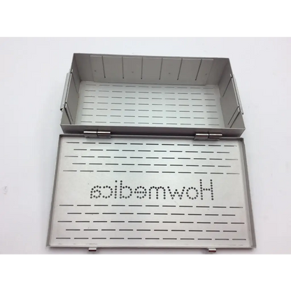 Silver stainless steel surgical instrument tray with perforated design and hohemwoh branding for stryker howmedica storage case