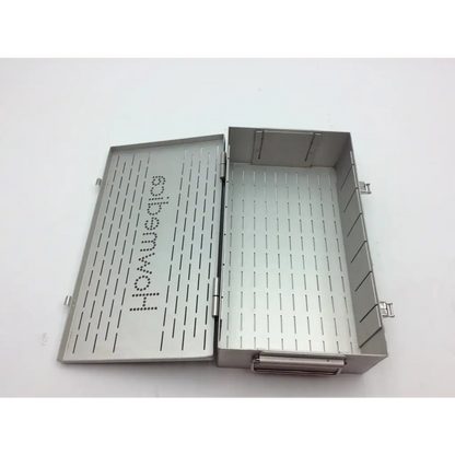 Silver metallic stryker howmedica storage case with perforated interior exterior sturdy handle and hinges
