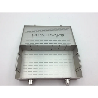 Silver metal surgical instrument tray with perforated design and howmedica branding in stryker howmedica storage case