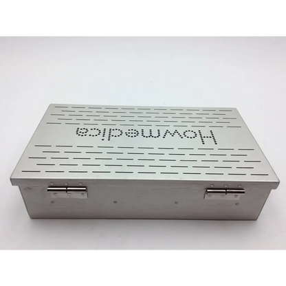 Silver metallic howmedica storage case with perforated lid and hinge latches for stryker howmedica storage