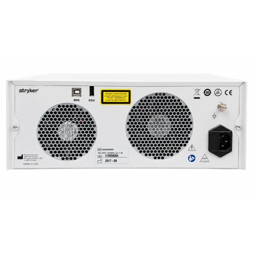White stryker led light source back side with two honeycomb ventilation grilles and black power input port biomed certified