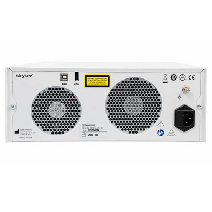 White stryker led light source back side with two honeycomb ventilation grilles and black power input port biomed certified