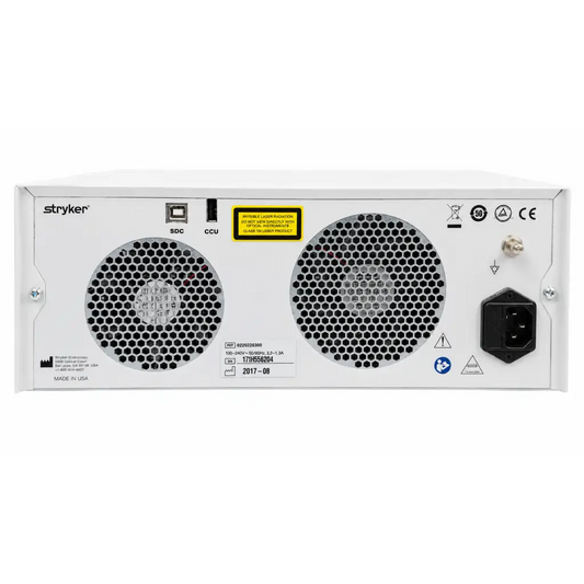 White stryker led light source back side with two honeycomb ventilation grilles and black power input port