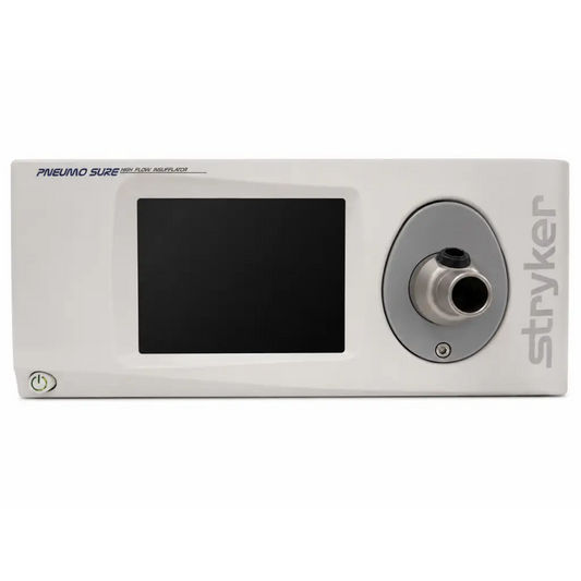 Stryker pneumosure high-flow insufflator with sleek white casing black touchscreen and metallic gray port for repair service