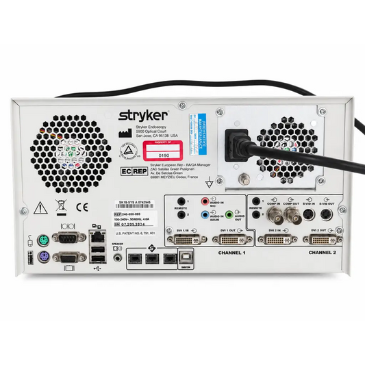 Rear panel of white metal stryker sdc ultra 5900 optical court endoscopy system with hex ventilation and hd ports