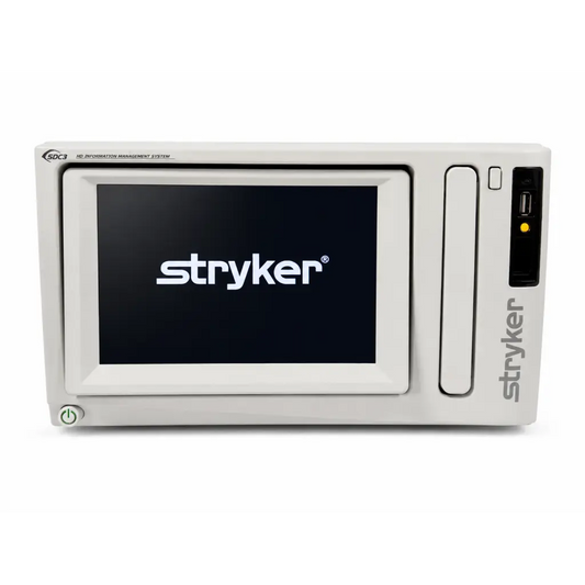 Stryker SDC3 HD information management system with sleek white casing, integrated screen, USB port, and power button