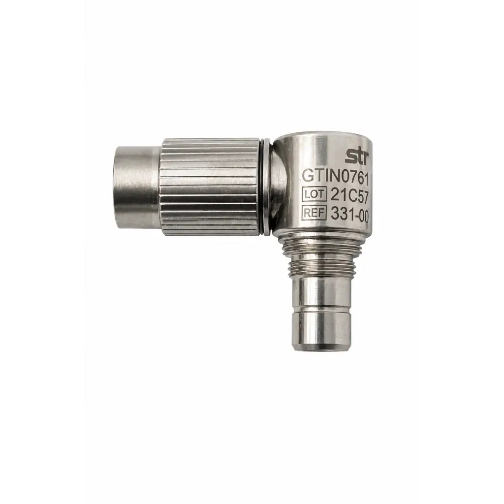 Stryker biomed certified stainless steel right angle connector adapter with silver metallic ribbed texture and engraved labeling