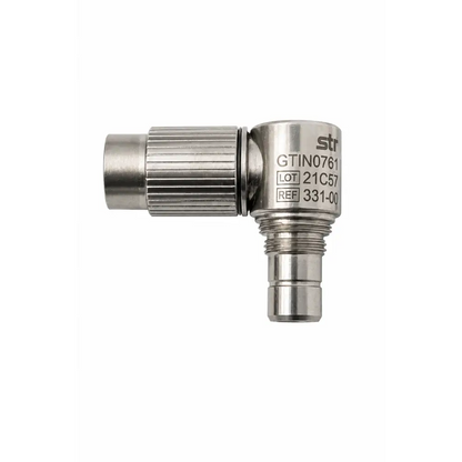 Stryker biomed certified stainless steel right angle connector adapter with silver metallic ribbed texture and engraved labeling