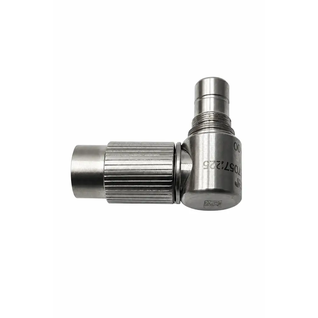 Stryker biomed certified stainless steel right angle connector adapter with ribbed adjustment knob and threaded connection