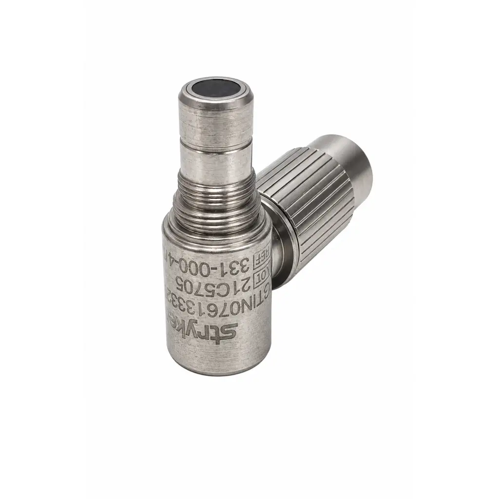 Stryker stainless steel biomed certified right angle connector adapter with silver metallic threaded body and ribbed cap