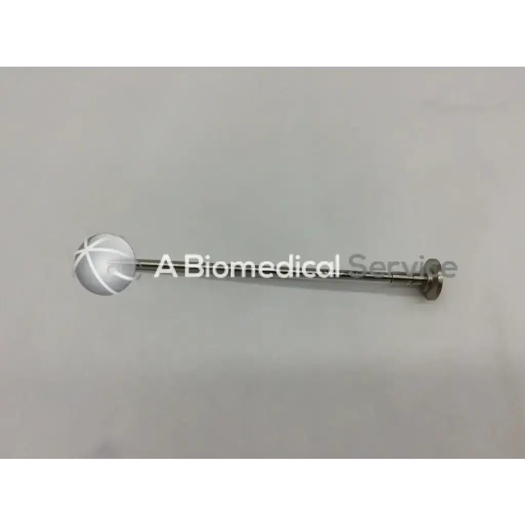 Silver-toned stryker surgical 5.8mm pencil tip obturator with spherical cross-hatched end and cylindrical shaft with flat disc