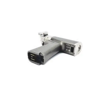 Back side of gray metallic camera grip with black battery compartment and control buttons for stryker system 6 sagittal saw 6208
