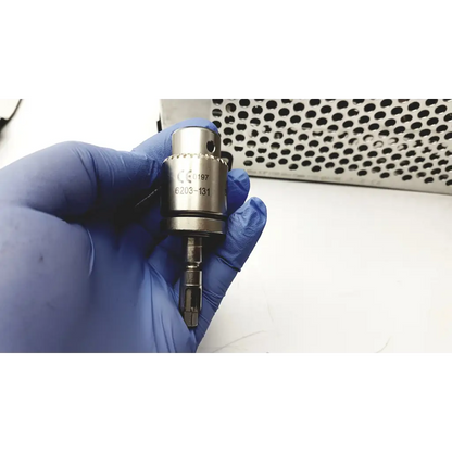 Silver metallic dental handpiece attachment with engraved markings and hexagonal drive for stryker system 7 large bone battery powered drill