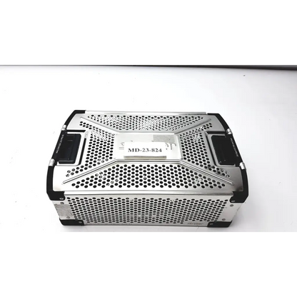 Silver perforated metal storage box with black corners and label md-23-824 for stryker system 7 large bone battery powered drill set