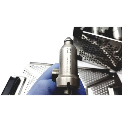 Silver metallic large bone battery powered surgical drill bit with engraved markings and hexagonal drive end
