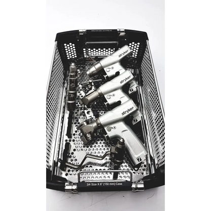 Three silver stryker large bone battery powered drills arranged in a black perforated metal case