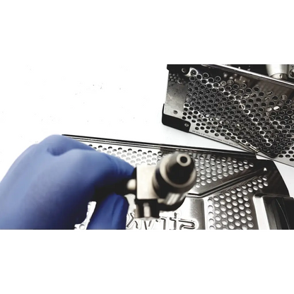 Metallic perforated grill component with chrome finish for stryker system 7 large bone battery powered drill set