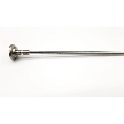A sleek metallic stryker trocar stopcock with polished stainless steel shaft and circular flange for surgical use