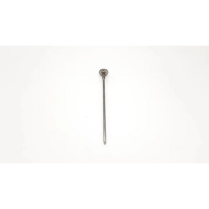 A metallic stryker trocar stopcock nail with flat circular head and slender shaft for precise medical use