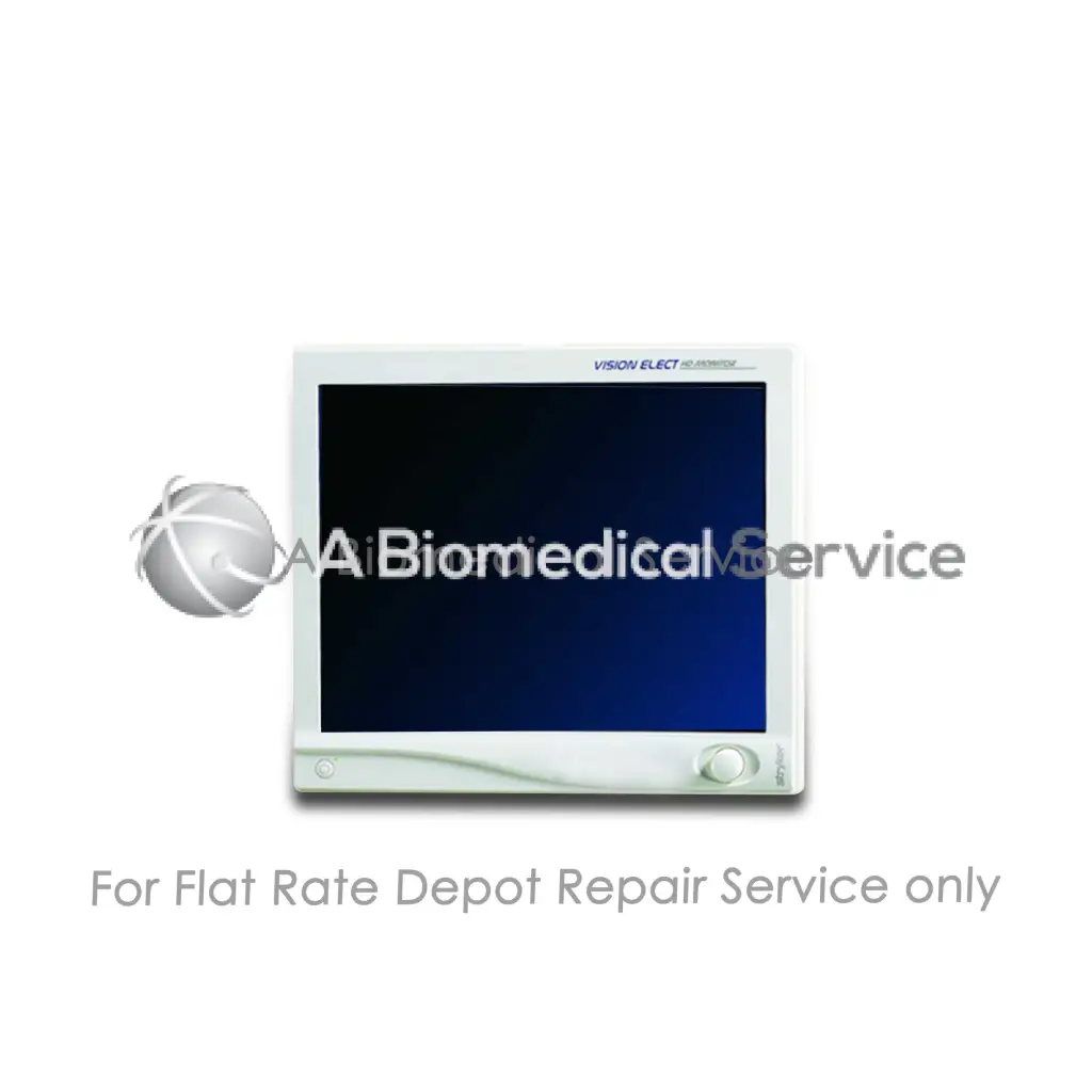 White-framed stryker vision elect hd monitor with dark blue screen and silver logo for medical equipment repair service