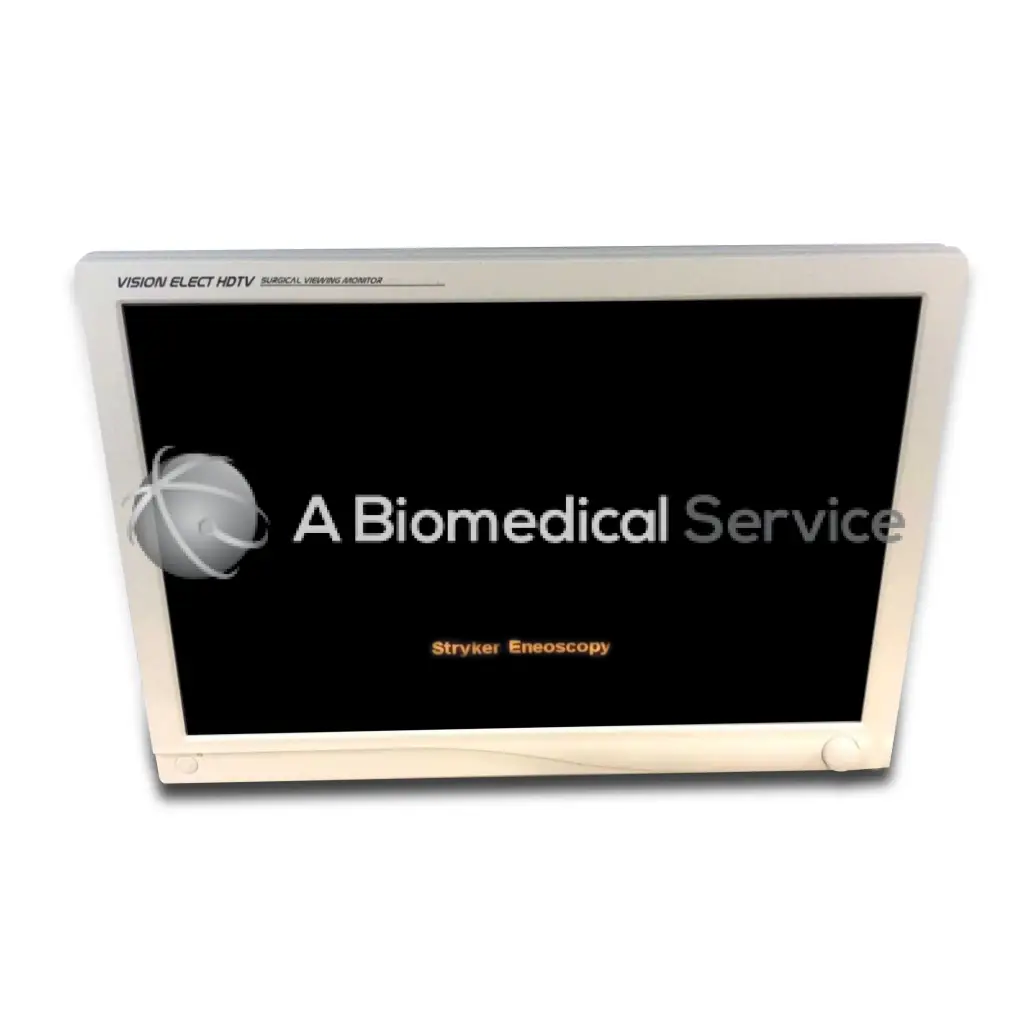 White-framed stryker vision elect hd 26 inch surgical monitor displaying biomedical service and stryker endoscopy text on screen