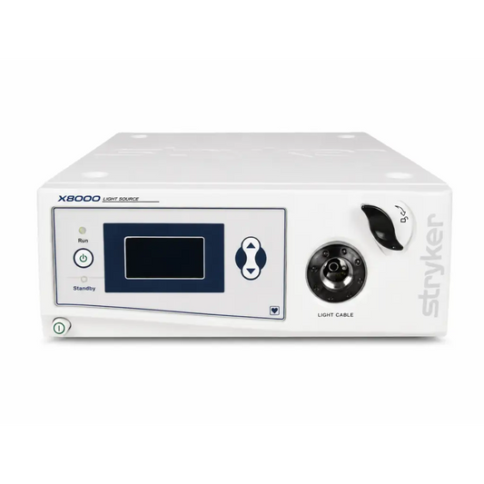 White stryker x8000 xenon light source with digital display control buttons and black cable port for repair service