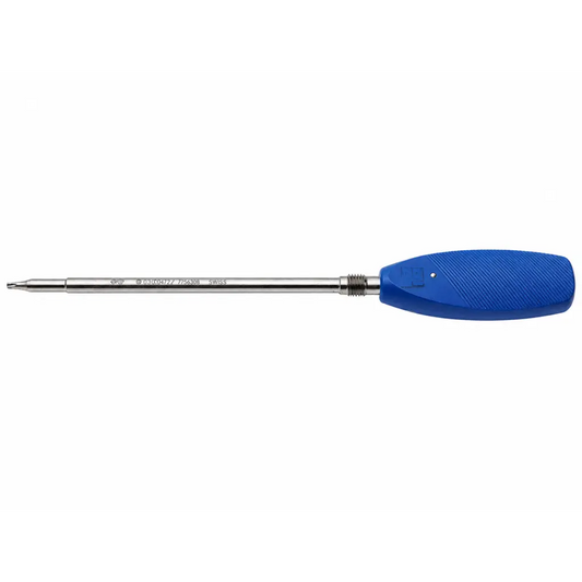 Surgical instrument 03.010.472 featuring a blue handle textured grip and metallic shaft with engraved markings for medical equipment use