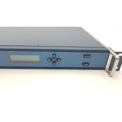 Blue rack-mountable Symmetricom TrueTime NTS-200 network time server with small screen and directional buttons