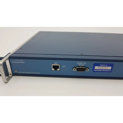 Blue symmetricom truetime nts-200 network time server with ethernet and rs-232 ports shown from the back side