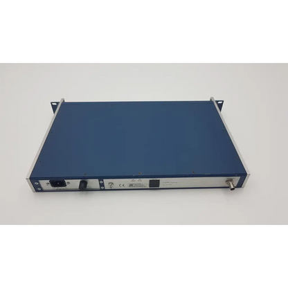 Blue and silver symmetricom truetime nts-200 rack-mountable network time server with power input and rotary knob ports
