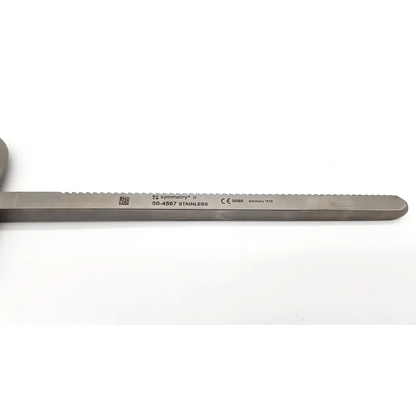 A sleek metallic retractor blade malleable with a serrated edge and engraved model number on the surface