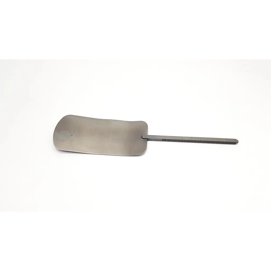 A sleek metallic retractor blade malleable with a smooth rounded head and textured handle for precise use