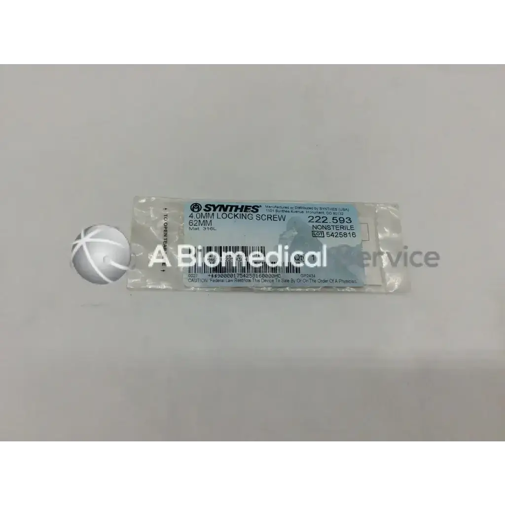 Synthes 222.593 4.0MM Locking Screw 62MM - Surgical Tool