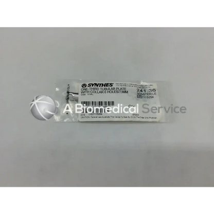 White plastic-wrapped Synthes 241.36 one-third tubular plate with collar and six holes 73mm