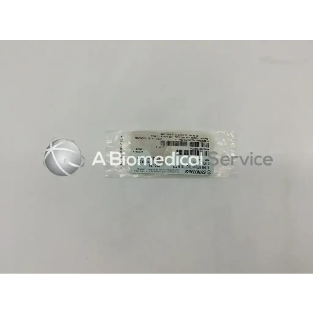 Synthes 245.16 3.5mm clear plastic packaged reconstruction plate with 6 holes and barcode label