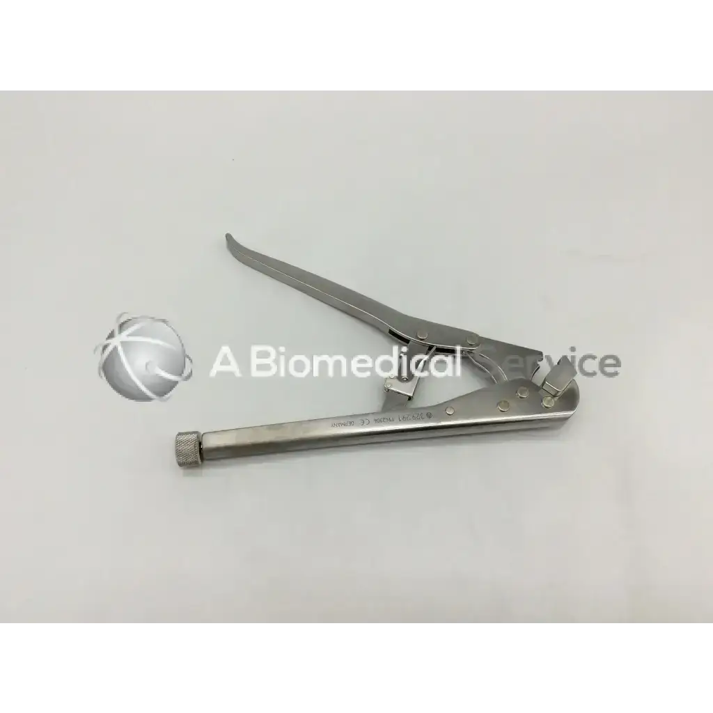 Stainless steel Synthes 329.291 surgical retractor with curved handle and textured grip for 5mm clavicle plates