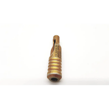A brass-colored ribbed cylindrical sleeve centering for dhs dcs tap with a hollow end and engraved text on the front