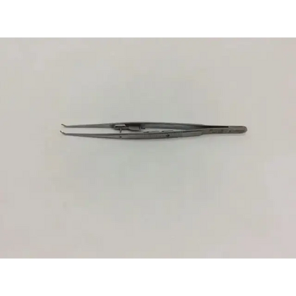 Silver synthes 347.985 locking forceps with curved precision tips and textured grip for surgical use