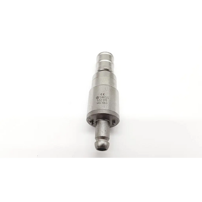 Silver metallic cylindrical synthes 532.015 dhs dcs attachment with threaded ends and engraved markings dcs attachment