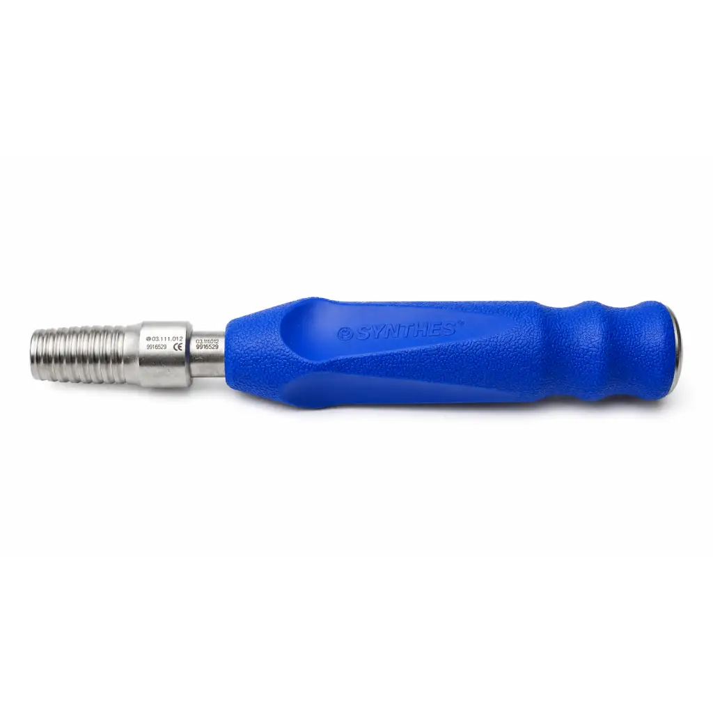 Blue textured Synthes orthopedic screwdriver handle with metallic threaded end for precise surgical use