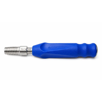 Blue textured Synthes orthopedic screwdriver handle with metallic threaded end for precise surgical use