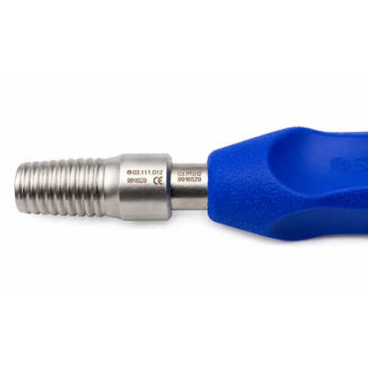 Blue ergonomic orthopedic screwdriver handle attached to a metallic threaded shaft with engraved markings for surgery