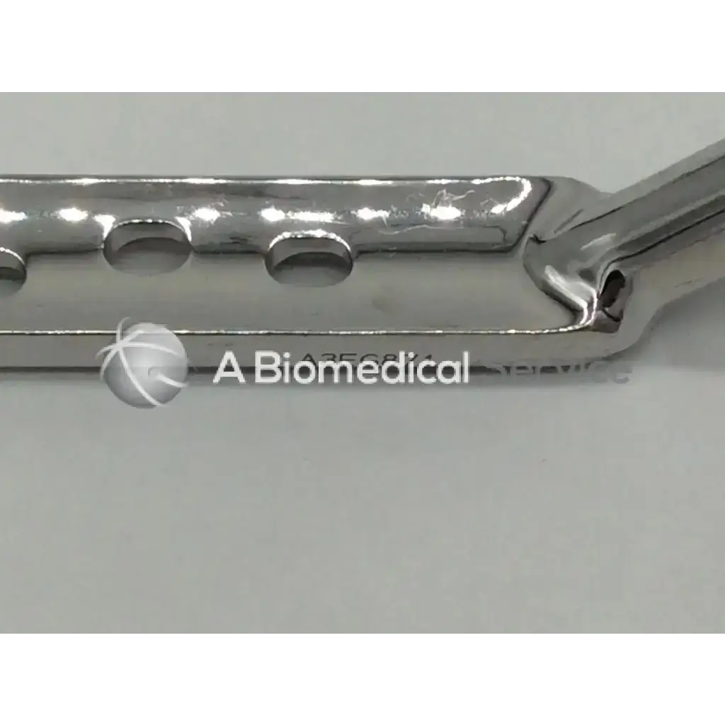Shiny stainless steel synthes dhs 281.10 135 degree plate-standard barrel with three circular holes along its length