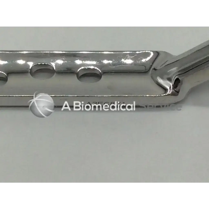 Shiny stainless steel synthes dhs 281.10 135 degree plate-standard barrel with three circular holes along its length